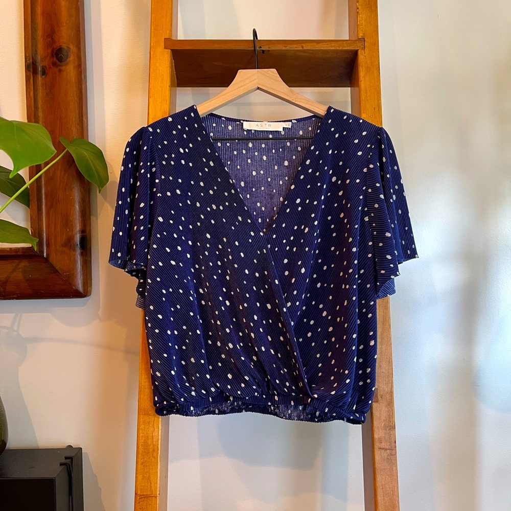 SZ L - ASTR Navy Polka Dot Plisse Wrap Top!